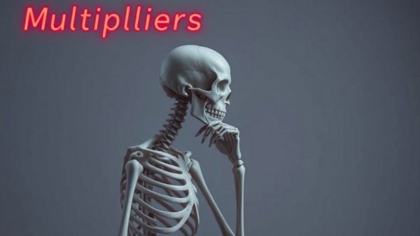 Realistic skeleton pondering next to 'Multipliers breathe life' quote.