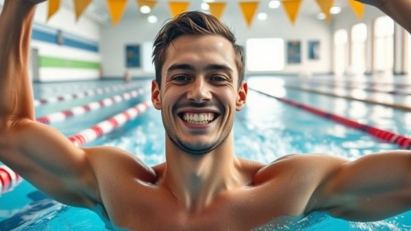 Confident swimmer celebrates in pool, fast swim starts success.