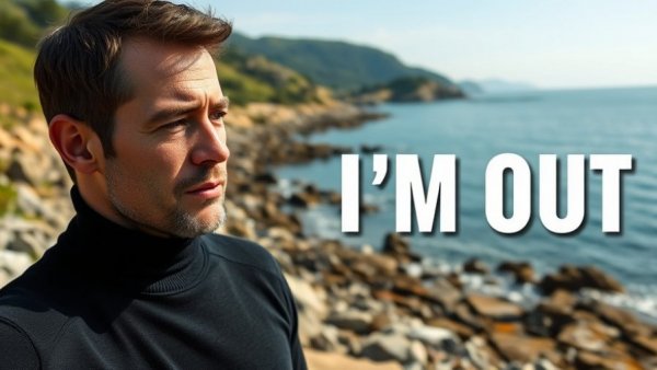 Man with contemplative expression against Portugal coast, 'I'M OUT' text.