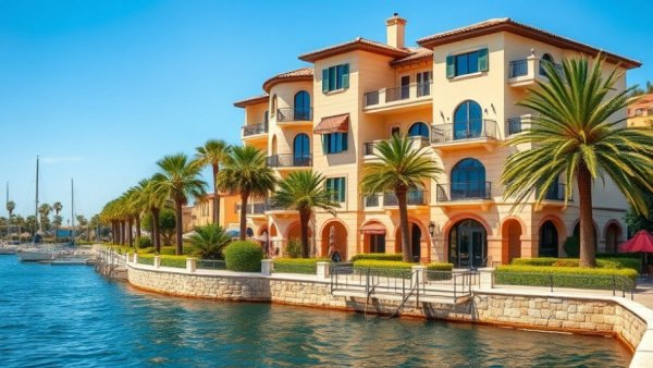 Elegant apartment complex by the water, ideal setting for new neighbors or roommates.