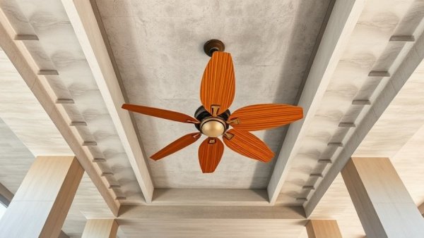 Concrete and tropical design blend with modern ceiling fan.