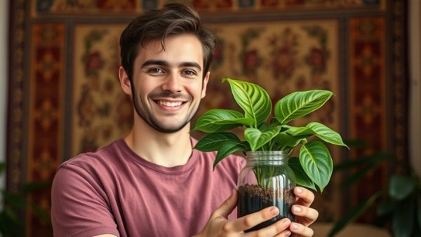 Man demonstrating how to propagate monstera in a cozy indoor setting.