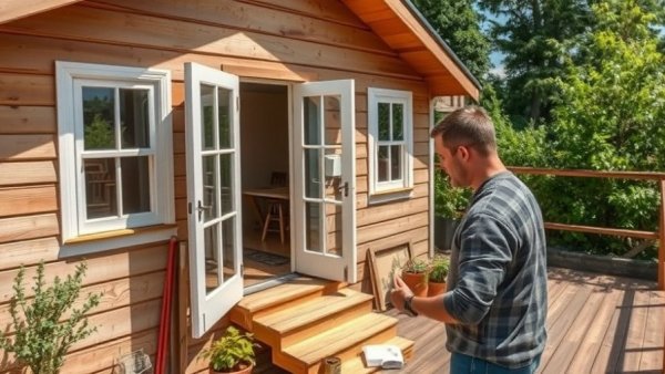 DIY home inspection on wooden patio surrounded by trees.