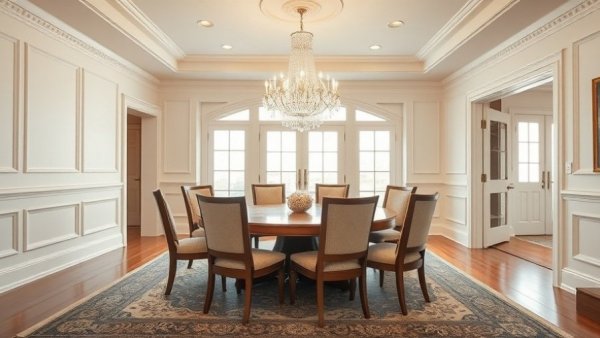 Elegant dining room with cozy decor featuring upholstered chairs and a chandelier.