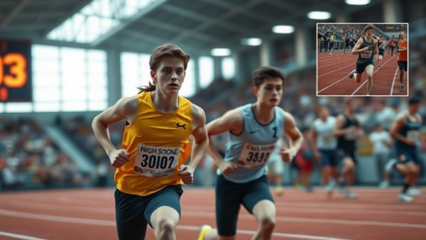 Dynamic scene of athletes breaking high school track and field records.