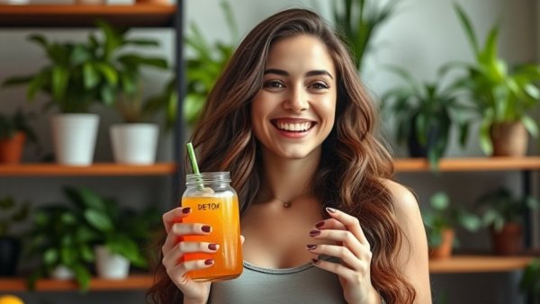 Smiling woman promoting Community EquiLife detox products.