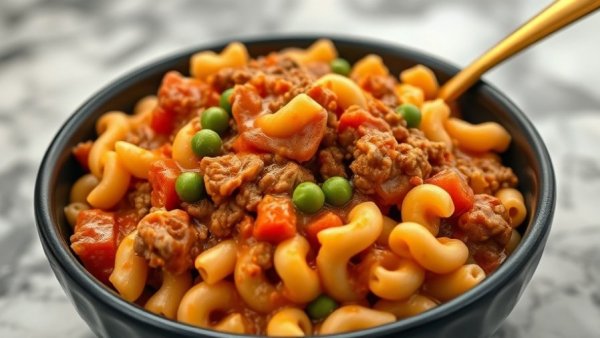 Cottage Cheese Hamburger Helper close-up with pasta and sauce.