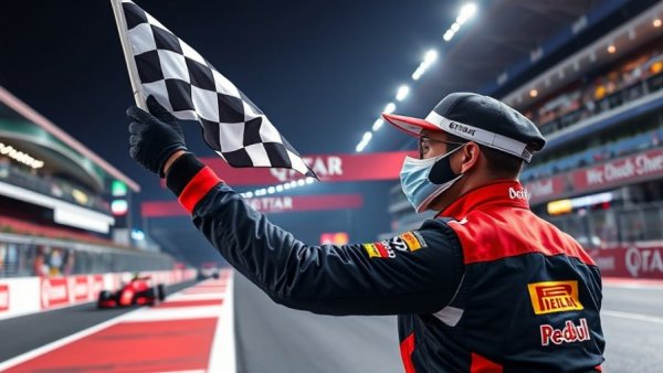 Formula 1 Qatar Grand Prix 2025 finish line with checkered flag.