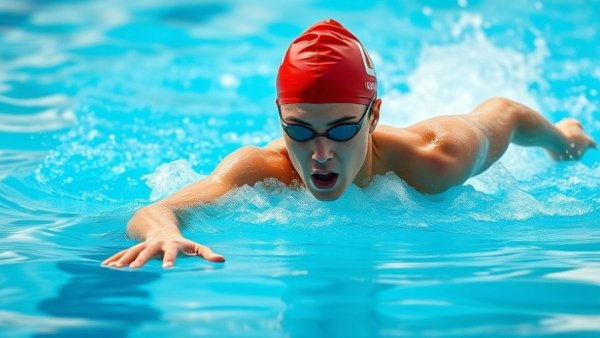 Swimmer demonstrating propulsion techniques in sports in a pool.
