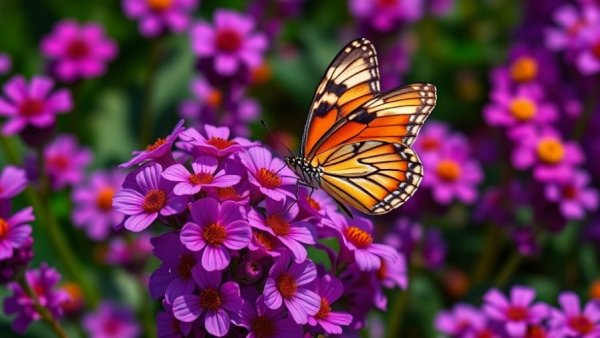 Purple perennial flowers with butterfly in garden setting, vibrant scene.