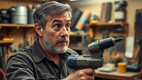 Surprised man examines a drill amidst DIY tools.
