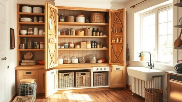 Organized pantry cabinet with jars and wicker baskets, rustic kitchen.