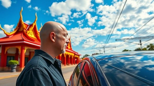 Thoughtful man at Thai railway station, considering retirement in Thailand