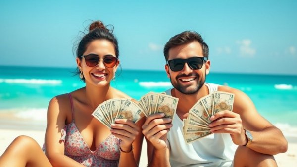 Hua Hin retirement budget 2026: Smiling couple on beach with currency, sunny day.