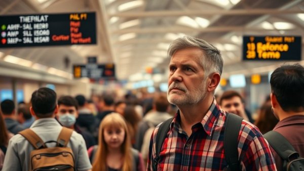 Crowded airport terminal, man pondering retirement in Thailand.