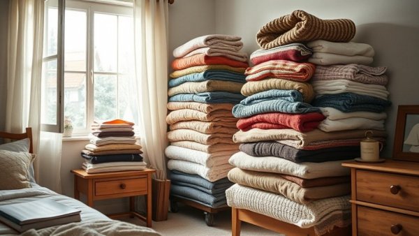 Neatly folded winter clothes stored on a bed in a cozy room.