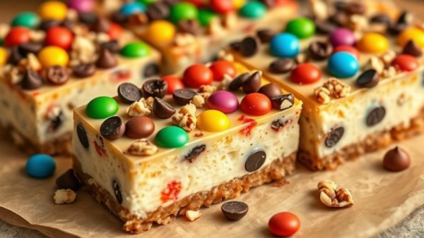 Colorful no-bake cottage cheese cheesecake bars with candy and nuts.