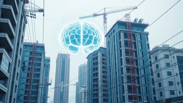 Futuristic scene of integrated intelligence in construction with holographic elements.