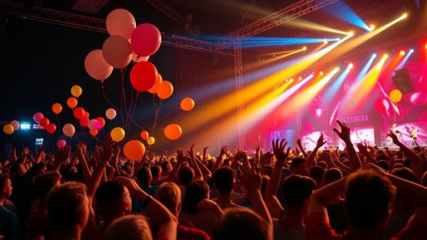 Formula 1 Qatar Airways Qatar Grand Prix 2025 concert scene with audience and balloons.