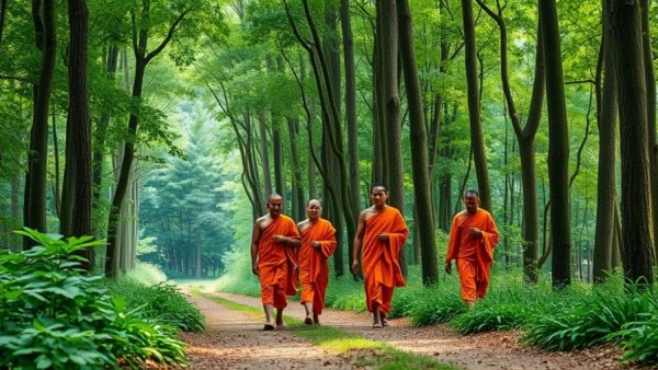 Buddhist monks in forest finding inner peace