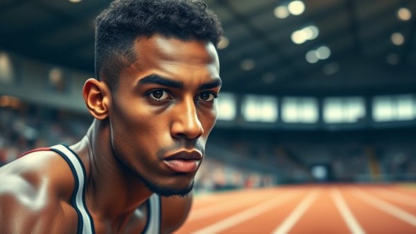 Focused athlete preparing for 60 meter dash indoors.