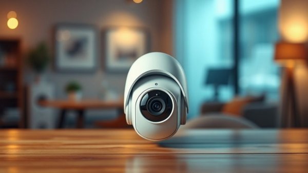 Modern security camera for renter-friendly upgrades on a wooden surface.