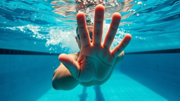 Swimmer's optimal hand position underwater in a pool.