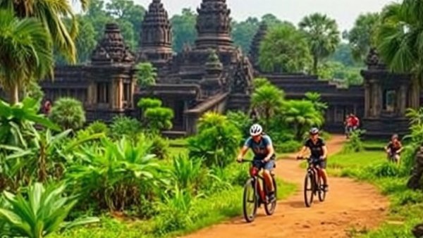 Cyclists explore ancient Cambodian ruins, Adventure Experiences in Cambodia, lush jungle.