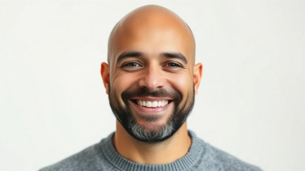 Bald man smiling in gray pullover, portrait photo.