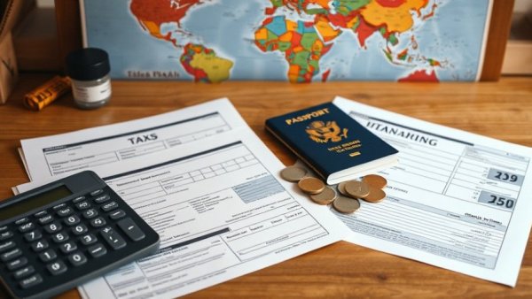 US tax forms, passport, and calculator on a desk against a world map backdrop, illustrating US taxes for expats 2026.