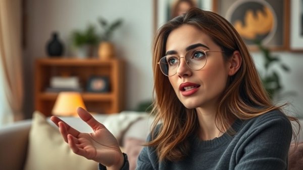 Woman discussing UK Cost of Living Crisis indoors.