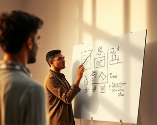 cutting-edge expertise strategy, contemplative, sketching on a whiteboard, photorealistic, minimalist room filled with natural light, highly detailed, engaging thought process, meticulously rendered, earth tones, diffused lighting, shot with an 85mm lens