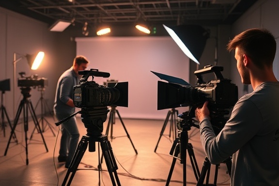 dynamic video production, creative expression, planning, photorealistic, studio set with cameras and lighting equipment, highly detailed, crew adjusting lights, crisp image quality, vibrant colors, spotlight illumination, shot with a 35mm lens