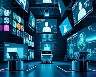 strategic digital strategy, determined, developing a campaign, photorealistic, bustling digital hub with monitors and virtual reality elements, highly detailed, futuristic interfaces, sharp details, monochromatic color palette, dynamic lighting, shot with a 24mm lens