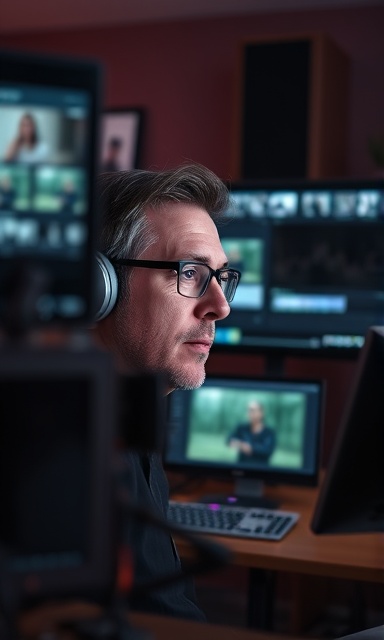 dedicated video editing, concentrated expression, editing footage, photorealistic, editing suite with multiple screens, highly detailed, editor fine-tuning clips, precision focus, cool tones, ambient light from monitors, shot with a macro lens