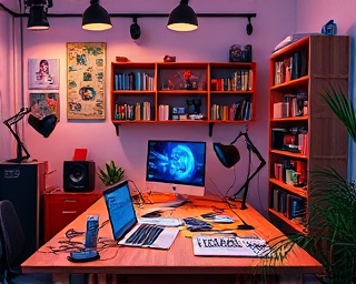 innovative marketing solutions, inspired, crafting digital content, photorealistic, vibrant creative studio with various tech gadgets, highly detailed, brain-storming session, ultra-realistic, vivid colors, bright overhead lighting, shot with a 50mm lens