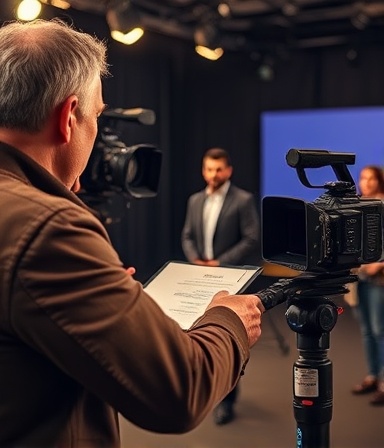 engaging corporate video, confident expression, directing a scene, photorealistic, professional setting with actors and crew, highly detailed, director giving cues, high definition clarity, warm colors, stage lighting, shot with a 24mm lens