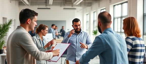 proactive marketing expertise, enthusiastic, orchestrating a project, photorealistic, open-plan office with branding materials, highly detailed, synchronized teamwork, pixel-perfect accuracy, pastel colors, natural diffused lighting, shot with a 35mm lens