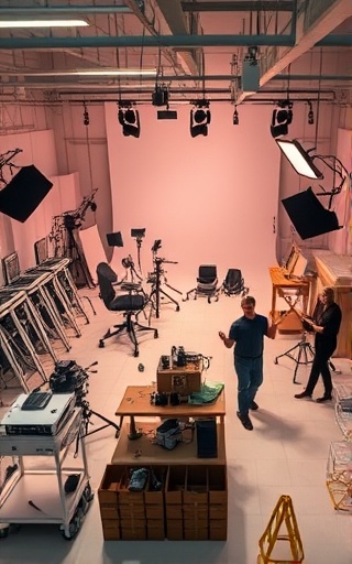 efficient video production, resourceful expression, managing resources, photorealistic, studio space with various set pieces, highly detailed, team organizing equipment, high dynamic range, pastel hues, diffused lighting, shot with a tilt-shift lens