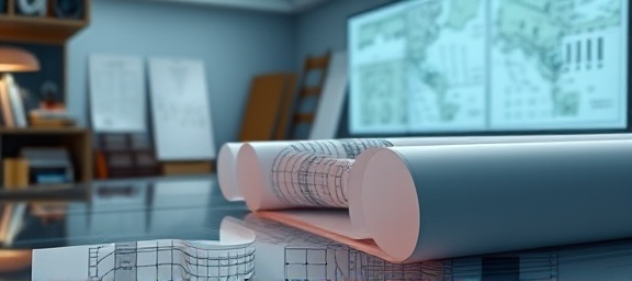 visionary expertise strategy, reflective, devising a blueprint, photorealistic, architect's workspace with rolled-up plans, highly detailed, envisioning future tech, precise technical drawing, cool color scheme, dramatic down lighting, shot with an 80mm lens