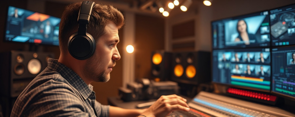 immersive video editing process, focused expression, syncing audio, photorealistic, editing room with surround sound setup, highly detailed, technician adjusting sound levels, enhanced clarity, deep contrast, soft backlighting from screens, shot with a wide-angle lens