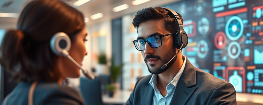 futuristic digital contact, focused, strategizing solutions, photorealistic, sleek office with interactive holograms, highly detailed, animated digital interfaces, high resolution, vibrant colors, ambient lighting, shot with an 85mm lens.