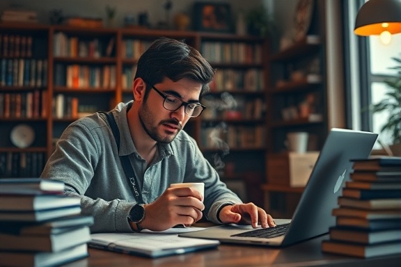 Freelancer at work, inspired, crafting a new piece, photorealistic, cozy caf&eacute; surrounded by books and a laptop, highly detailed, steam rising from a coffee cup, warm colors, soft ambient light, shot with an 85mm prime lens.
