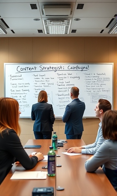 Content strategist, thoughtful, planning a new campaign, photorealistic, spacious boardroom with a whiteboard filled with writing, highly detailed, colleagues collaborating, corporate colors, overhead lighting, shot with a 35mm lens.