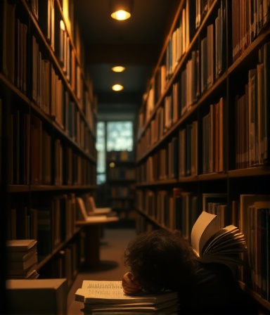Creative writer brainstorming, imaginative, jotting down ideas, photorealistic, dimly lit library with shelves full of books, highly detailed, occasional pages flipping, rich warm tones, diffuse light, shot with a 135mm lens.