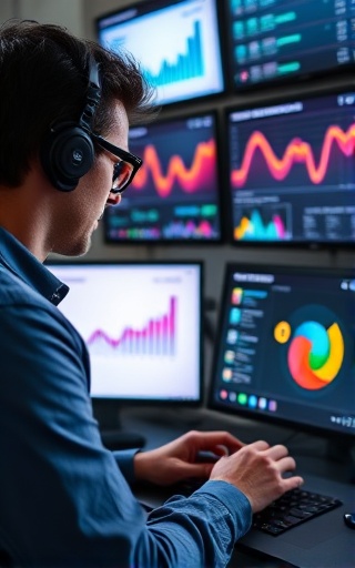 Content creator, innovative, crafting digital content, photorealistic, modern digital studio with various screens displaying analytics, highly detailed, pixel animations, vivid colors, studio lighting, shot with a macro lens.