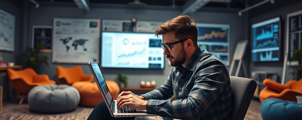 SEO specialist optimizing articles, methodical, adjusting algorithms on a laptop, photorealistic, tech startup environment with bean bags and whiteboards, highly detailed, screens filled with data graphs, cool tones, ambient light, shot with a wide-angle lens.