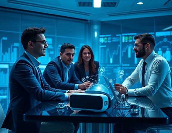 cutting-edge AI services team, confident, collaborating on tech solutions, photorealistic, high-tech conference room with virtual reality equipment on the table, highly detailed, animated data flow, 4K resolution, cool blue hues, artificial lighting, shot with an 85mm lens.
