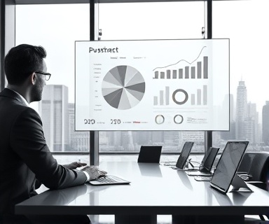 strategic tech consulting professionals, analytical, presenting a digital transformation strategy, photorealistic, corporate boardroom with futuristic cityscape visible through large windows, highly detailed, dynamic pie charts and graphs on a transparent screen, 8K resolution, crisp monochrome scheme, studio lighting, shot with a 50mm lens.