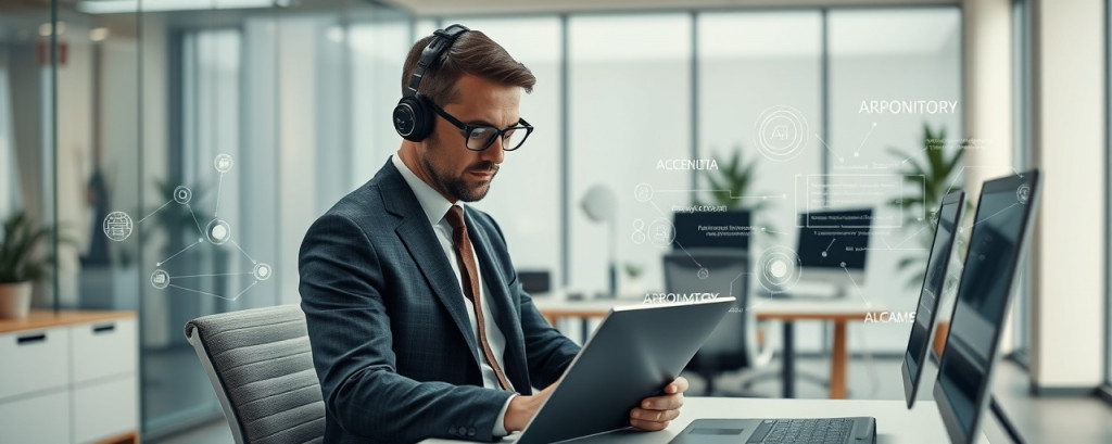 expert AI consulting strategist, focused, designing a machine learning framework, photorealistic, modern minimalist office with ergonomic furniture, highly detailed, animated algorithm sequences, ultra-realistic finish, subdued earth tones, diffused lighting, shot with a macro lens.